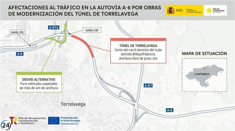 Cierre del carril derecho en el túnel de Torrelavega de lunes a viernes hasta fin de octubre.
